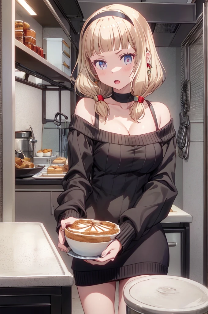 masterpiece, yor, 1girl, Amazing Cleavage:1.3, thin waist, big ass, Raised sexy, medium breast: 1.8 posed cleavage:1.2、solo, looking at viewer, open mouth, have a cup of coffee,black hair, red eyes, dress, bare shoulders, jewelry, collarbone, sidelocks, hairband, earrings, indoors, off shoulder, :o, sweater, arms behind back, plant, short hair with long locks, white hairband, off-shoulder dress, sweater dress, off-shoulder sweater, red sweater, big side hair, very long side hair,is rendered in (masterpiece: 1.2, best quality), with (ultra high resolution) and an exquisite (depth of field). This masterpiece is not only visually stunning but also tells, make of cake cooking ,in the kitchen