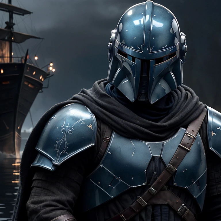 In the heart of an old night pond, shrouded in blue transparent smoke, a close-up view of a Mandalorian from Star Wars reveals his intricately detailed armor. The Ghost, his loyal ship, looms in the background, its dark, gotik design illuminated by the dim light. The Mandalorian's rugged, weathered face, with its brooding expression, adds to the ultra-detailed, 3D realism of the scene. His steady gaze, fixed on something just out of sight, exudes an air of mystery and hidden danger. The reflection of the scene in the still water mirrors every detail, adding another layer to the visual experience.