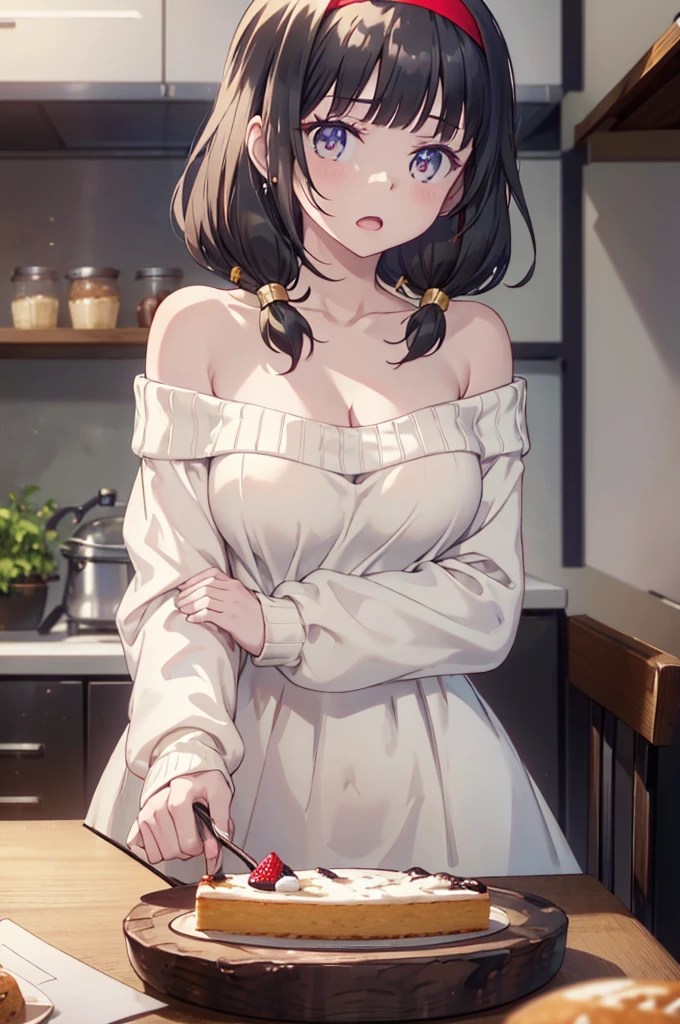 masterpiece, yor, 1girl, Amazing Cleavage:1.3, thin waist, big ass, Raised sexy, medium breast: 1.8 posed cleavage:1.2、solo, looking at viewer, open mouth, have a cup of coffee,black hair, red eyes, dress, bare shoulders, jewelry, collarbone, sidelocks, hairband, earrings, indoors, off shoulder, :o, sweater, arms behind back, plant, short hair with long locks, white hairband, off-shoulder dress, sweater dress, off-shoulder sweater, red sweater, big side hair, very long side hair,is rendered in (masterpiece: 1.2, best quality), with (ultra high resolution) and an exquisite (depth of field). This masterpiece is not only visually stunning but also tells, make of cake cooking ,in the kitchen