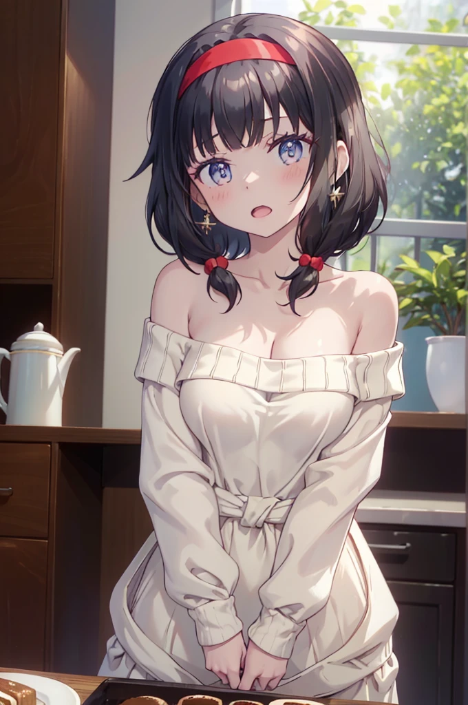 masterpiece, yor, 1girl, Amazing Cleavage:1.3, thin waist, big ass, Raised sexy, medium breast: 1.8 posed cleavage:1.2、solo, looking at viewer, open mouth, have a cup of coffee,black hair, red eyes, dress, bare shoulders, jewelry, collarbone, sidelocks, hairband, earrings, indoors, off shoulder, :o, sweater, arms behind back, plant, short hair with long locks, white hairband, off-shoulder dress, sweater dress, off-shoulder sweater, red sweater, big side hair, very long side hair,is rendered in (masterpiece: 1.2, best quality), with (ultra high resolution) and an exquisite (depth of field). This masterpiece is not only visually stunning but also tells, make of cake cooking ,in the kitchen