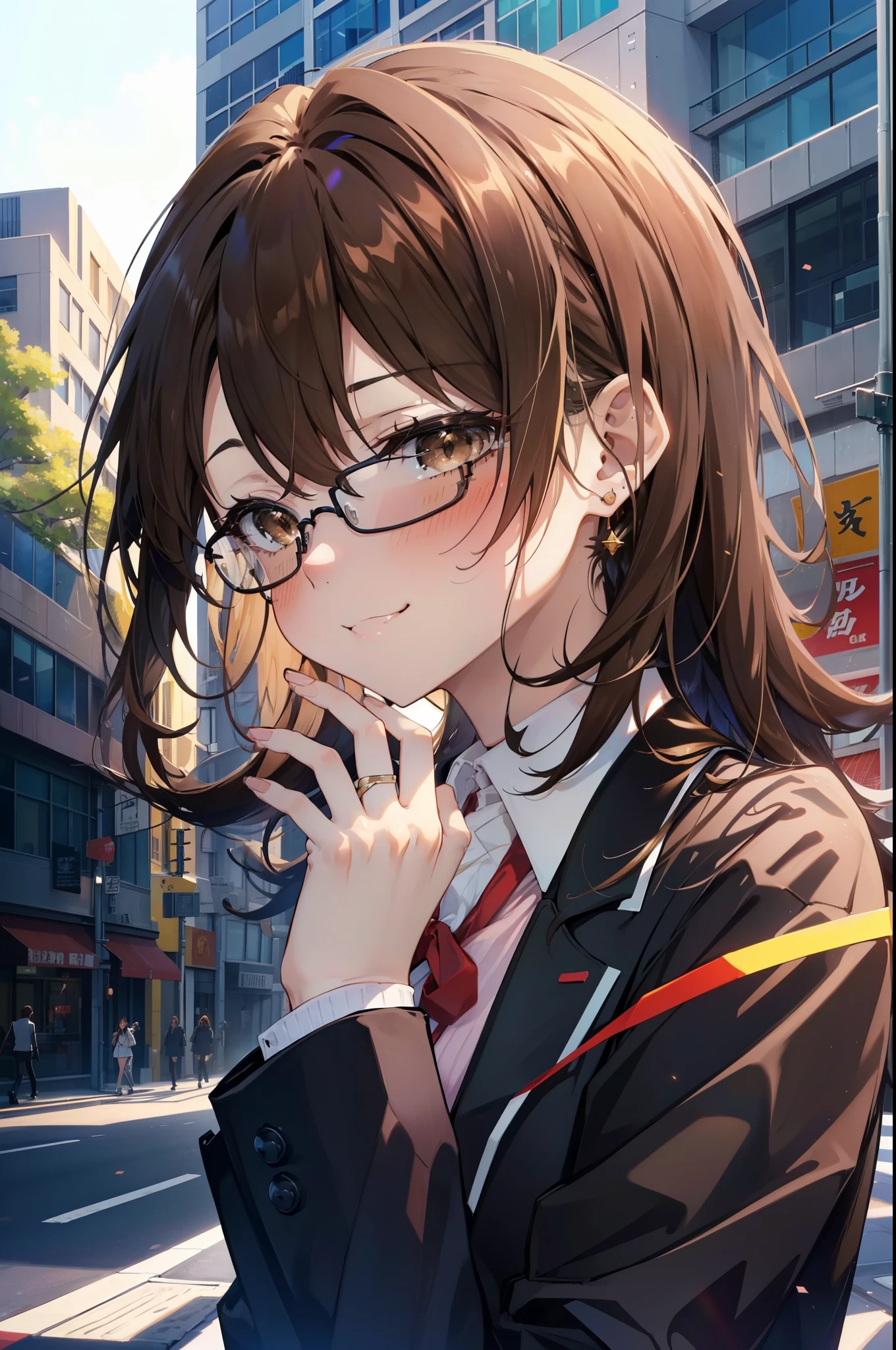 irohaisshiki, Iroha Isshiki, Long Hair, Brown Hair, (Brown eyes:1.5),  ,Hair between the eyes, smile,blush,happy smile, smile, Open your mouth,OL, Akagi glasses, Black suit jacket, Collared jacket, White dress shirt, Collared shirt, Neckline, button, Black pencil skirt, Black pantyhose,Stiletto heels,morning,morning陽,The sun is rising,Walking,whole bodyがイラストに入るように,
break outdoors, In town,Building district,crowd, people々々,
break looking at viewer, whole body, 
break (masterpiece:1.2), highest quality, High resolution, unity 8k wallpaper, (shape:0.8), (Beautiful details:1.6), Highly detailed face, Perfect lighting, Extremely detailed CG, (Perfect hands, Perfect ???????),