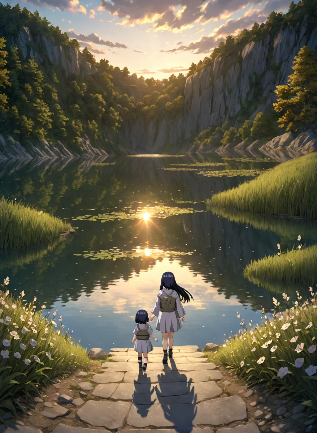  -Hinata, long hair, walk next to lake, [enchanting, surreal, studio lighting, HDR, UHD, K]