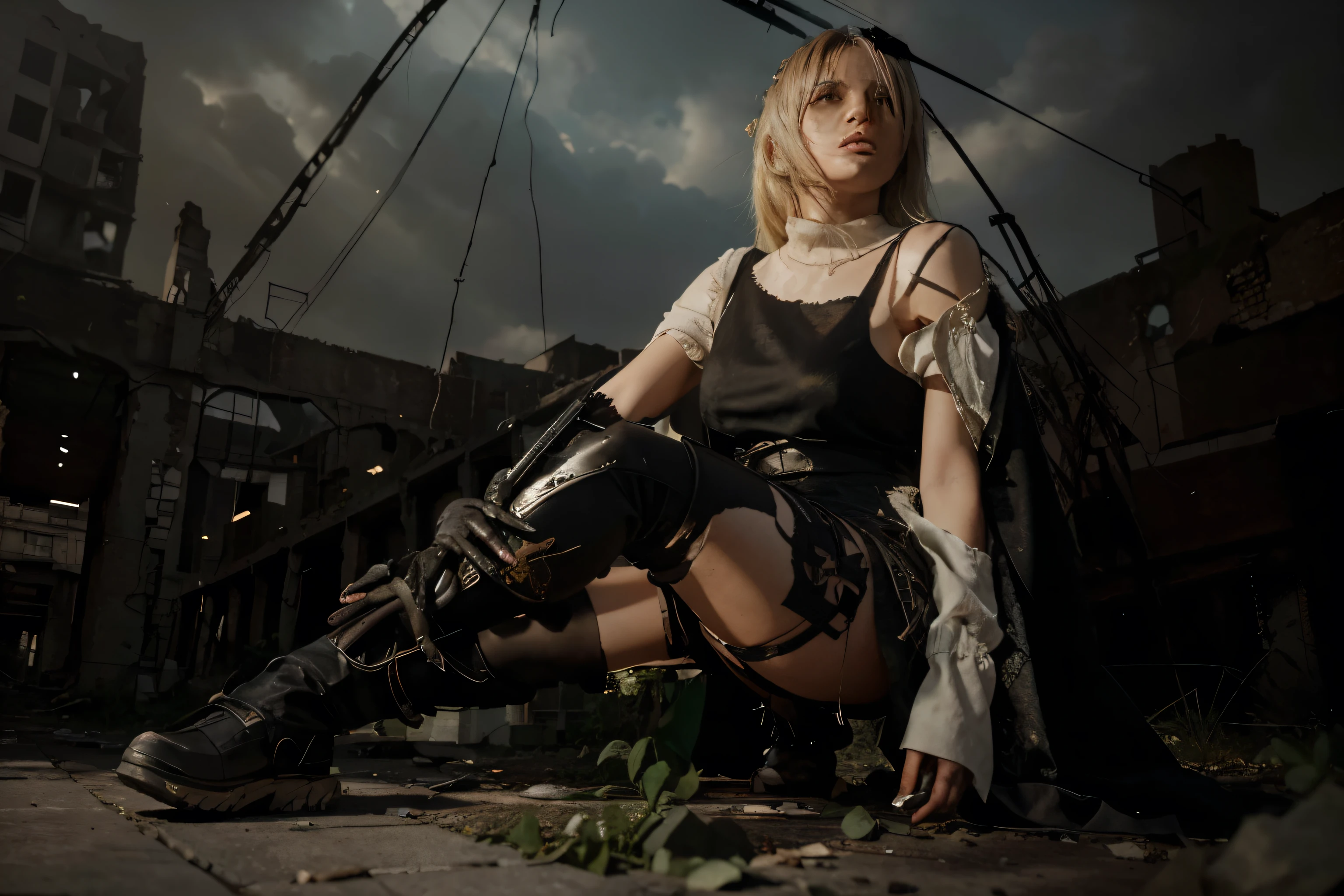 (Best quality, 8k, 32k, Masterpiece, UHD:1.2) Transform the setting of the picture into the "City Ruins" from Nier: Automata. Depict a desolate urban landscape overgrown with vegetation and littered with the remnants of civilization. Dilapidated buildings loom ominously in the background, their crumbling facades a stark contrast to the vibrant plant life reclaiming the streets. The atmosphere should be somber and melancholic, with shafts of sunlight breaking through the clouds to illuminate the scene in patches of soft golden light.
