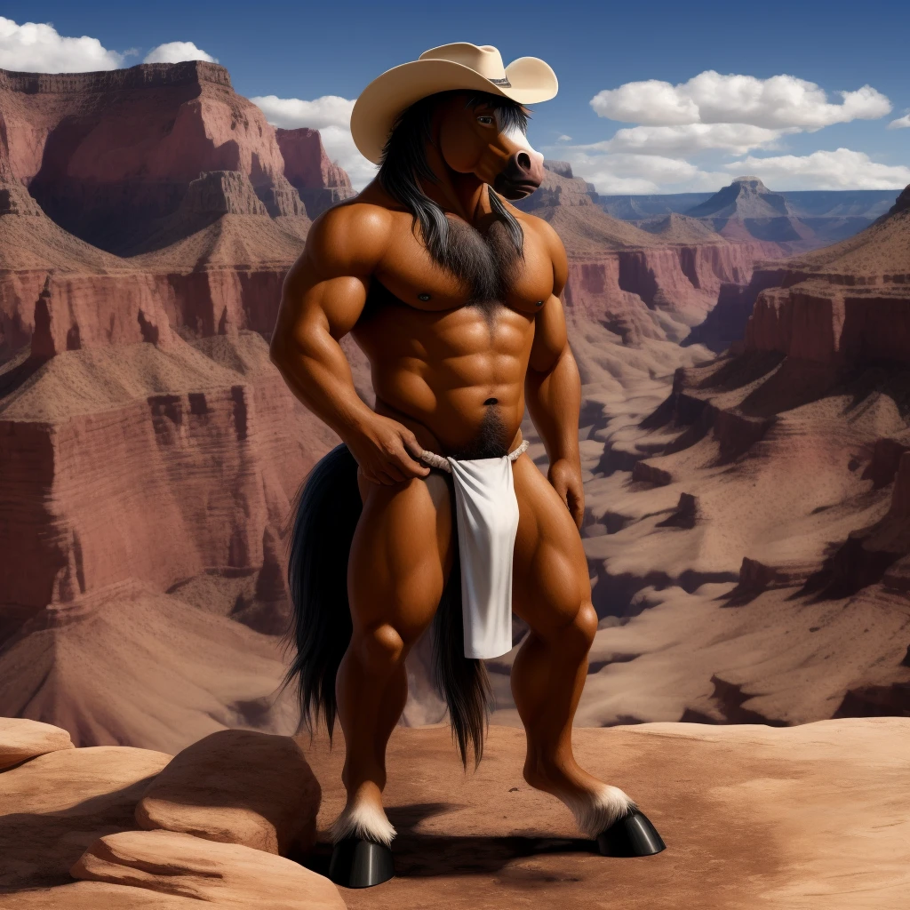 Furry, Antro, [Horse color Ocre amarillo] , Horse Tail, [Fundoshi Bulto Male Big], [Fundoshi BLANCO], loincloth, Solo, De Pie, [Bulto Male Big], Hooves , Big Balls, Detallado 4k, cuerpo completo, cuerpo furry Marron dark, Grand Canyon background , pupil Eyes blue, Alta resolucion, hermoso, muy peludo, cowboy hat