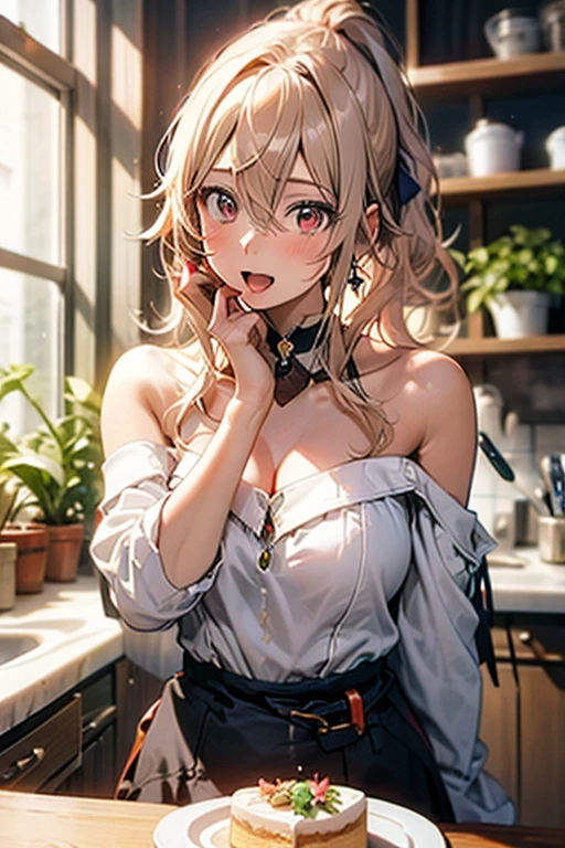 masterpiece, yor, 1girl, Amazing Cleavage:1.3, thin waist, big ass, Raised sexy, medium breast: 1.8 posed cleavage:1.2、solo, looking at viewer, open mouth, have a cup of coffee,black hair, red eyes, dress, bare shoulders, jewelry, collarbone, sidelocks, hairband, earrings, indoors, off shoulder, :o, sweater, arms behind back, plant, short hair with long locks, white hairband, off-shoulder dress, sweater dress, off-shoulder sweater, red sweater, big side hair, very long side hair,is rendered in (masterpiece: 1.2, best quality), with (ultra high resolution) and an exquisite (depth of field). This masterpiece is not only visually stunning but also tells, make of cake cooking ,in the kitchen