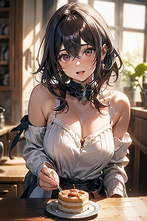 masterpiece, yor, 1girl, Amazing Cleavage:1.3, thin waist, big ass, Raised sexy, medium breast: 1.8 posed cleavage:1.2、solo, looking at viewer, open mouth, have a cup of coffee,black hair, red eyes, dress, bare shoulders, jewelry, collarbone, sidelocks, hairband, earrings, indoors, off shoulder, :o, sweater, arms behind back, plant, short hair with long locks, white hairband, off-shoulder dress, sweater dress, off-shoulder sweater, red sweater, big side hair, very long side hair,is rendered in (masterpiece: 1.2, best quality), with (ultra high resolution) and an exquisite (depth of field). This masterpiece is not only visually stunning but also tells, make of cake cooking ,in the kitchen