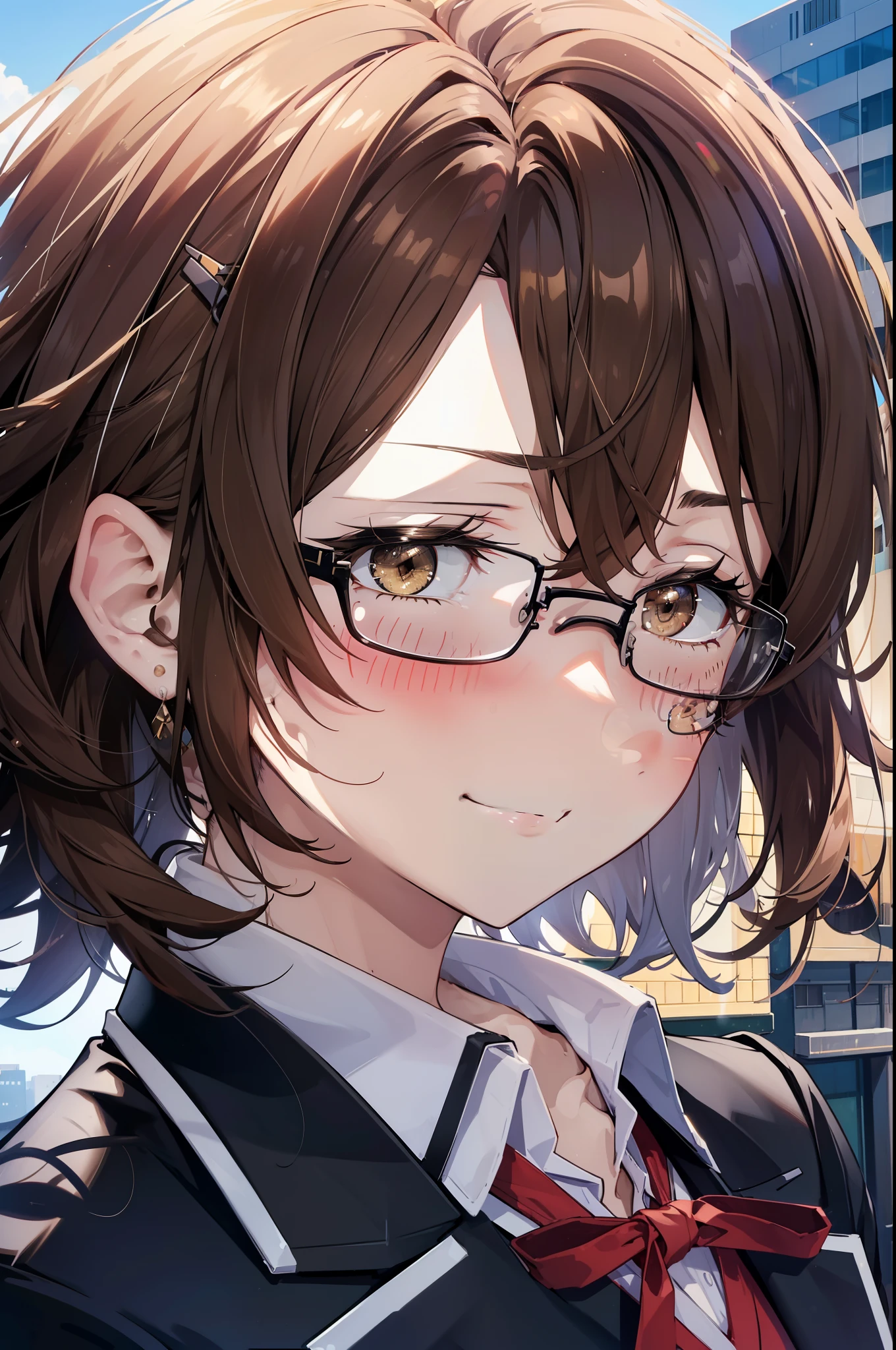 irohaisshiki, Iroha Isshiki, Long Hair, Brown Hair, (Brown eyes:1.5),  ,Hair between the eyes, smile,blush,happy smile, smile, Open your mouth,OL, Akagi glasses, Black suit jacket, Collared jacket, White dress shirt, Collared shirt, Neckline, button, Black pencil skirt, Black pantyhose,Stiletto heels,morning,morning陽,The sun is rising,Walking,whole bodyがイラストに入るように,
break outdoors, In town,Building district,crowd, people々々,
break looking at viewer, whole body, 
break (masterpiece:1.2), highest quality, High resolution, unity 8k wallpaper, (shape:0.8), (Beautiful details:1.6), Highly detailed face, Perfect lighting, Extremely detailed CG, (Perfect hands, Perfect ???????),