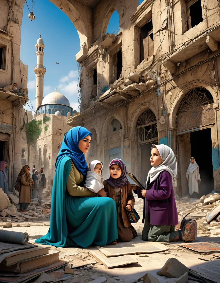 A beautiful gentle and caring Palestine Mother donning hijab teaching her children of the coming of the true Messiah, insanely detailed and intricate background City ruin scene with some other characters and objects, a masterpiece cinematic photo realistic illustration of Color Comic Maestro Don Lawrence, super detailed, high resolution, full vibrant color, volumetric lighting, octane render, octane lighting
