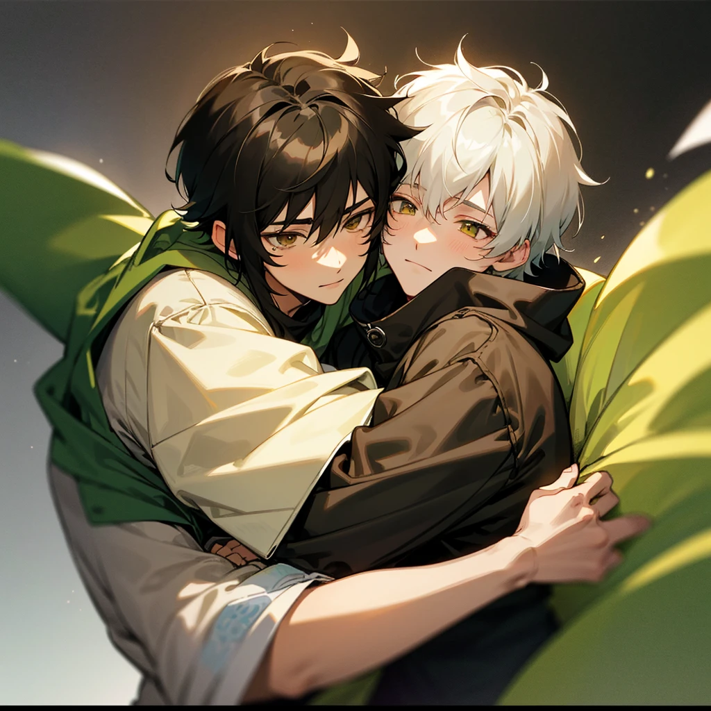 Soft boy with twenty years old,white shortcut hair,green sleepy eyes ,soft smile,sweatshirt anime style ,hugs another guy which twenty five year old ,black wolf hair,yellowish brown sharp eyes ,wears black jacket