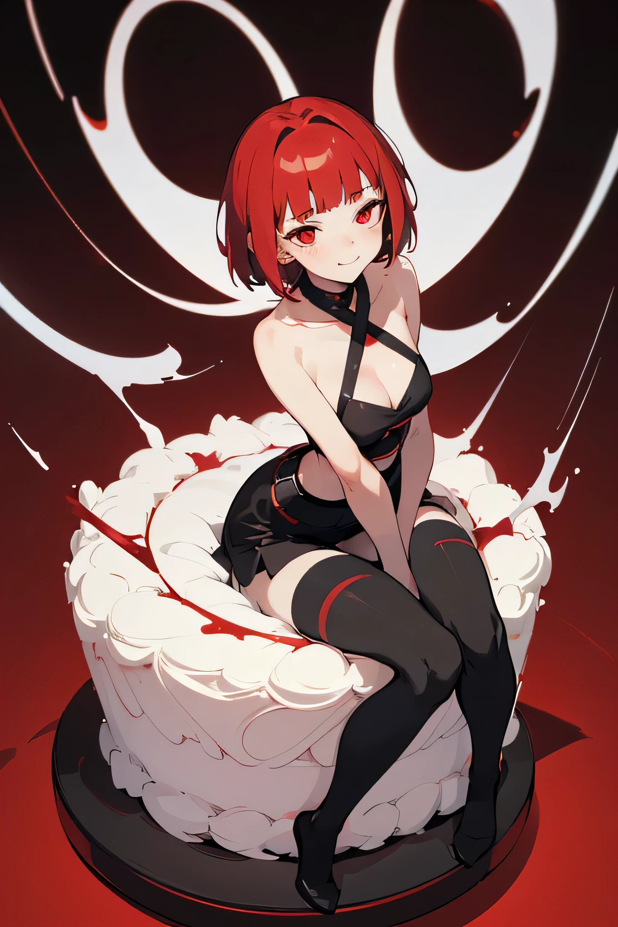 anime, (Masterpiece, Best quality, ultra-high resolution), 1 girls, sitting front cake, birthday, ((red hair: 0.7) short hair red, pale skin, ((red eyes)), Bright_eyes, neon eyes, (ultra-detailed eyes, beautiful and detailed face, detailed eyes: 0.9), ((centered)), creepy face, (evil smile, twisted sadistic expression) ((full shot)), facing the viewer, eye level, (black background, red), B-cup chest, looking at the viewer, ((half-closed eyes)), (((head, arms, hips, elbows, in view))), empty gaze, beautiful lighting, Background, defined theme, 21 years old, Perfect anatomy, Perfect body, longeyelashes, solid circle eyes, light smile, ear blush, embarrassed, red eyes, blunt bangs, shorts black, seminaked, wearing long black stockings, Surrealism, drop shadow, anaglyph, red background, stereogram, full body, atmospheric perspective, anime, Sony FE GM, 8k, super detail, accurate, best quality, anatomically correct, super detail