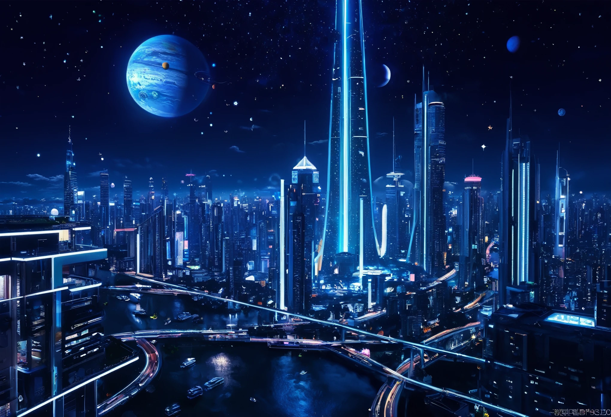 Future City、Space City、cool、The neon is amazing、Sparkling、Several beautiful celestial bodies and planets are floating、Starry Sky、Amazing night view、photograph、Tower apartment、Buildings