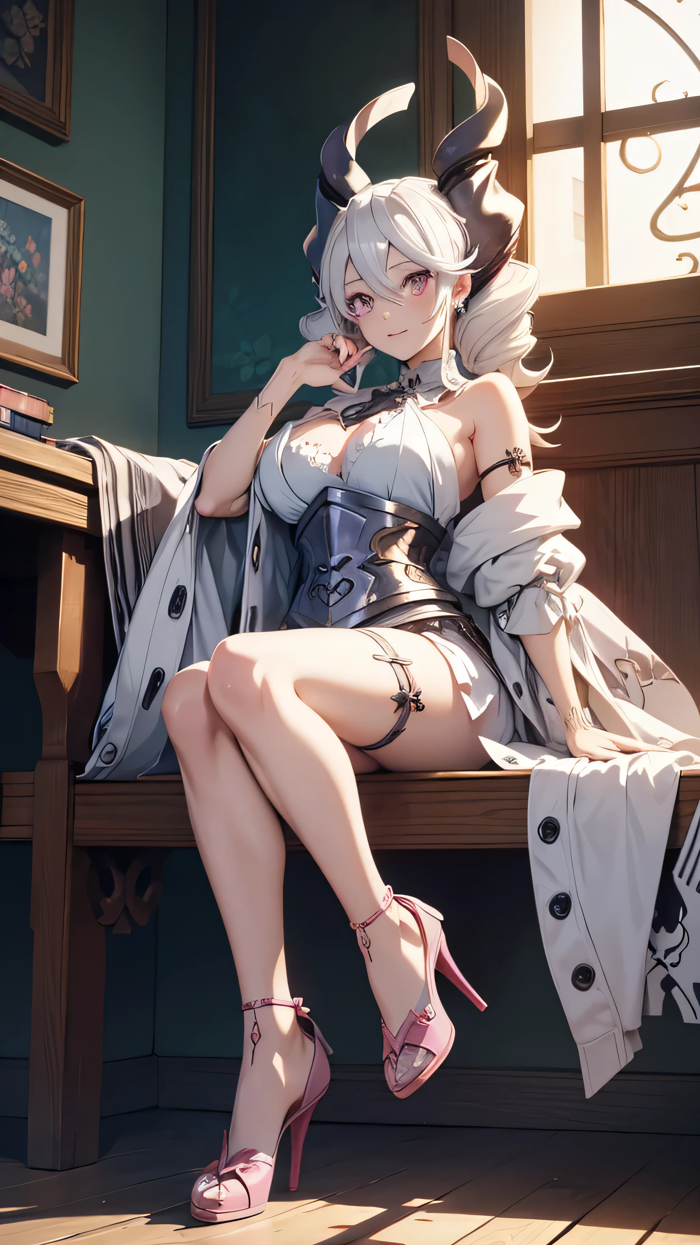 anime - style image of a woman sitting on a bench in a room, a character portrait by Shitao, pixiv, fantasy art, 2. 5 d cgi anime fantasy artwork, guweiz on artstation pixiv, fanart best artstation, guweiz on pixiv artstation, extremely detailed artgerm, 8k high quality detailed art ،face , fixed face, large breast , leg crossed in detailed , horn , from below , white hair , pink eye , high heels ، leg fixed