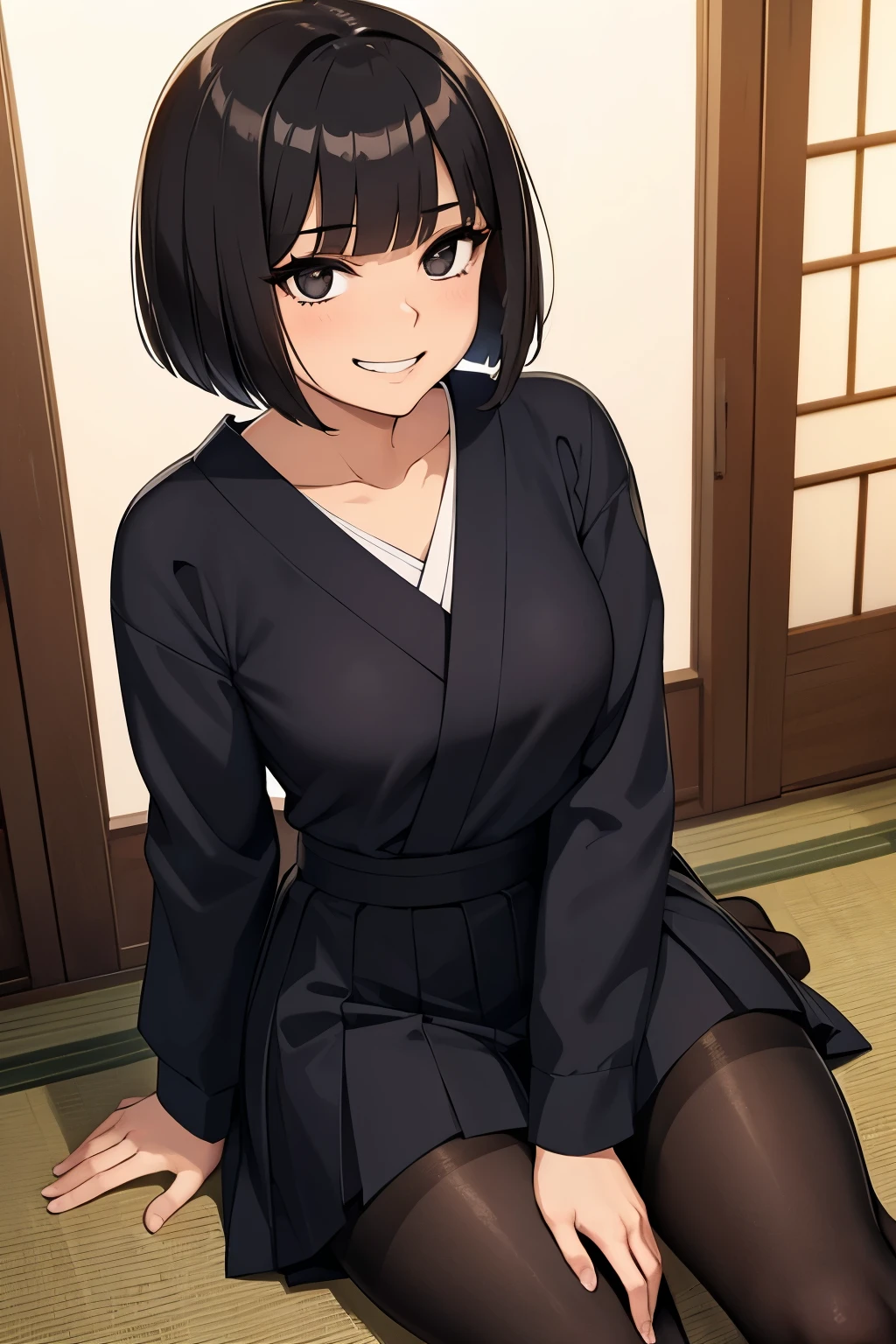 1 hot girl, dark hair, black eyes, grin, gorgeous, japanese, black pantyhose, short bob, school girl, small breasts