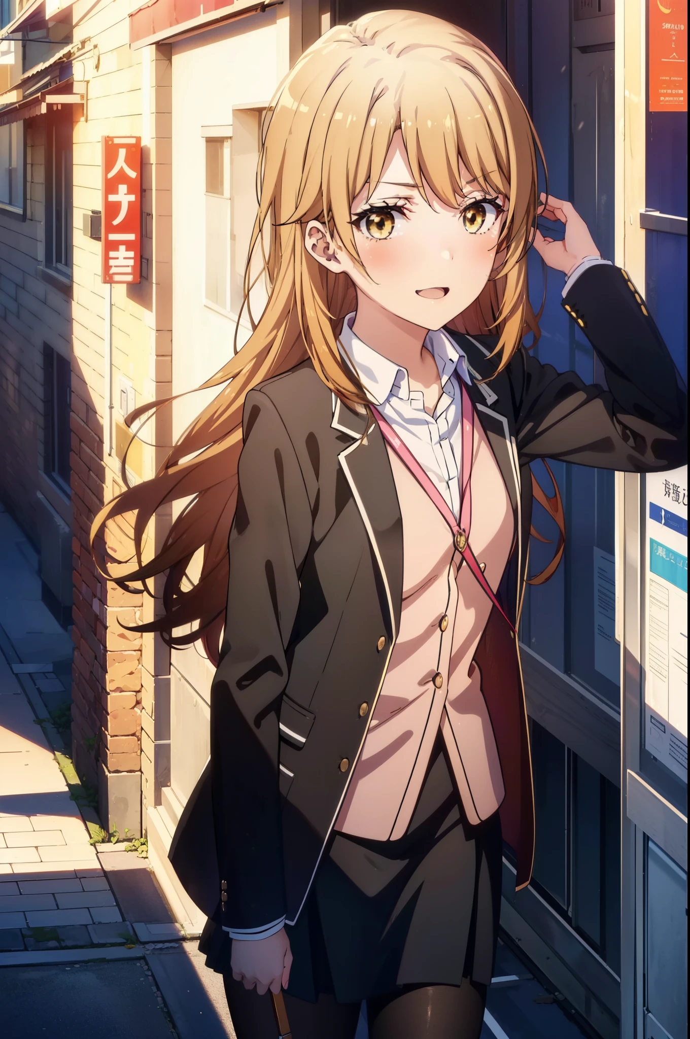 irohaisshiki, Iroha Isshiki, Long Hair, Brown Hair, (Brown eyes:1.5), ,Hair between the eyes, smile,blush,happy smile, smile, Open your mouth,OL, Akagi glasses, Black suit jacket, Collared jacket, White dress shirt, Collared shirt, Neckline, button, Black pencil skirt, Black pantyhose,Stiletto heels,morning,morning陽,The sun is rising,Walking,whole bodyがイラストに入るように,
break outdoors, In town,Building district,crowd, people々々,
break looking at viewer, whole body,
break (masterpiece:1.2), highest quality, High resolution, unity 8k wallpaper, (shape:0.8), (Beautiful details:1.6), Highly detailed face, Perfect lighting, Extremely detailed CG, (Perfect hands, Perfect Anatomy),