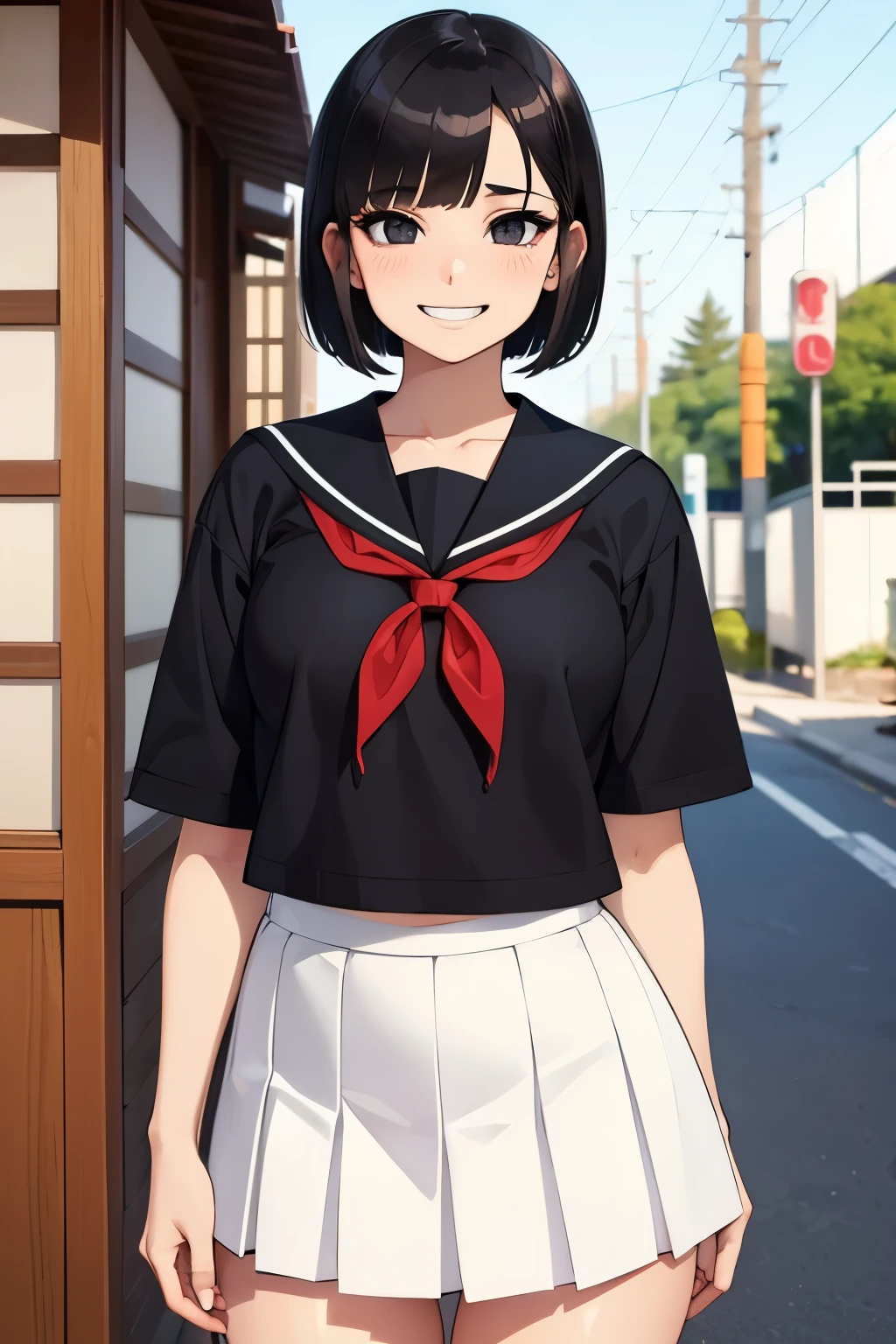 1 hot girl, dark hair, black eyes, grin, gorgeous, japanese, white serafuku, short bob, school girl, small breasts