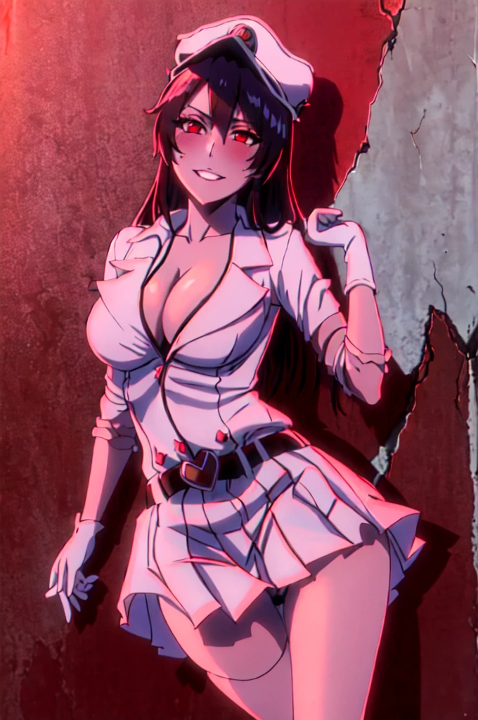 (burned ruined city:1.2), (blush:1.2), captivating big eyes, parted lips, suggestive smile, short white pleated skirt, upskirt, gloves, white thigh high stockings with garter belt, belt, looking at viewer, medium breasts, exposed cleavage, braless. The picture showcases impeccable attention to detail, with ultra-detailed rendering of textures, vibrant colors, and sharp focus. The lighting accentuates the richness of the scene, creating a visually stunning and emotionally engaging masterpiece.