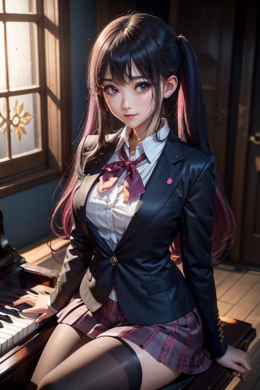 High School Girl Blazer、 uniform、Red checked skirt、JK Style、Jacket、smile、Knee-high socks、Thigh-high socks、pantyhose、Great beauty、So cute、Malaise、Rare beauty、Twin tail hair、Black dark eyeshadow、sad、Good skin radiance、Straightening iron for long hair、Dark Gothic Makeup、暗いsmile、The beauty of fragrance、Stained Glass Background、masterpiece、highest quality、See 5 books、Sweat glistening on my chest、Sweat glistening on the face、Black frilly panties、Breast size is normal、濃いPink Hair、Age: 22、Slightly slim、High School Girl Blazer、Playing the piano、sit and play an instrument、Piano available、Mysterious look、Sad look、Pink Hair、mysterious gothic church、enchanting castle、Sweating profusely all over the body、Lots of sweat on thighs and light、Shiny thighs、There is a lot of sweat glistening on my thighs、Copious sweat glistens on the thighs、Sweating profusely、Gal、Small breasts、The Face of Japan、black bikini swimwear、Captivating look、The thighs are a little thin、