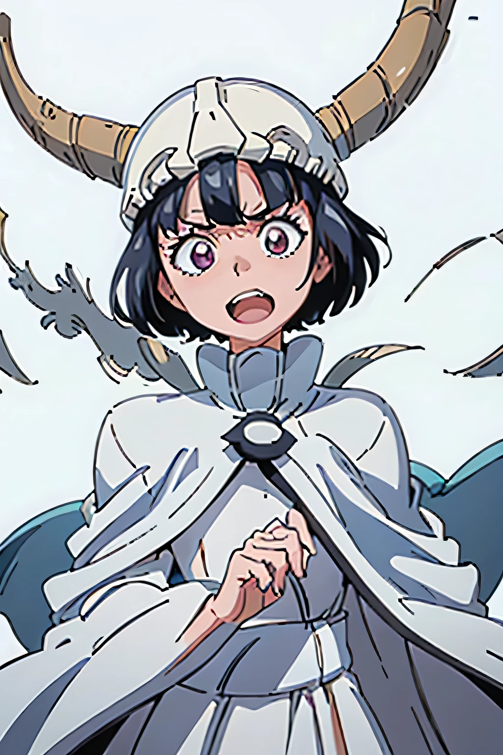 1girl, solo, arrancar, young kid, short hair, half black hair, white locks, oversized cloak, white cloak, long nails like claws, showing teeths, sharp teeths, simple background, white background, arrancar skull hat.4k, better quality, hands down