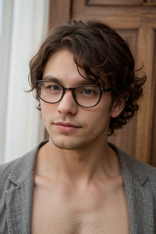 Young man with curly hair, shaved beard, glasses, brown, hairy