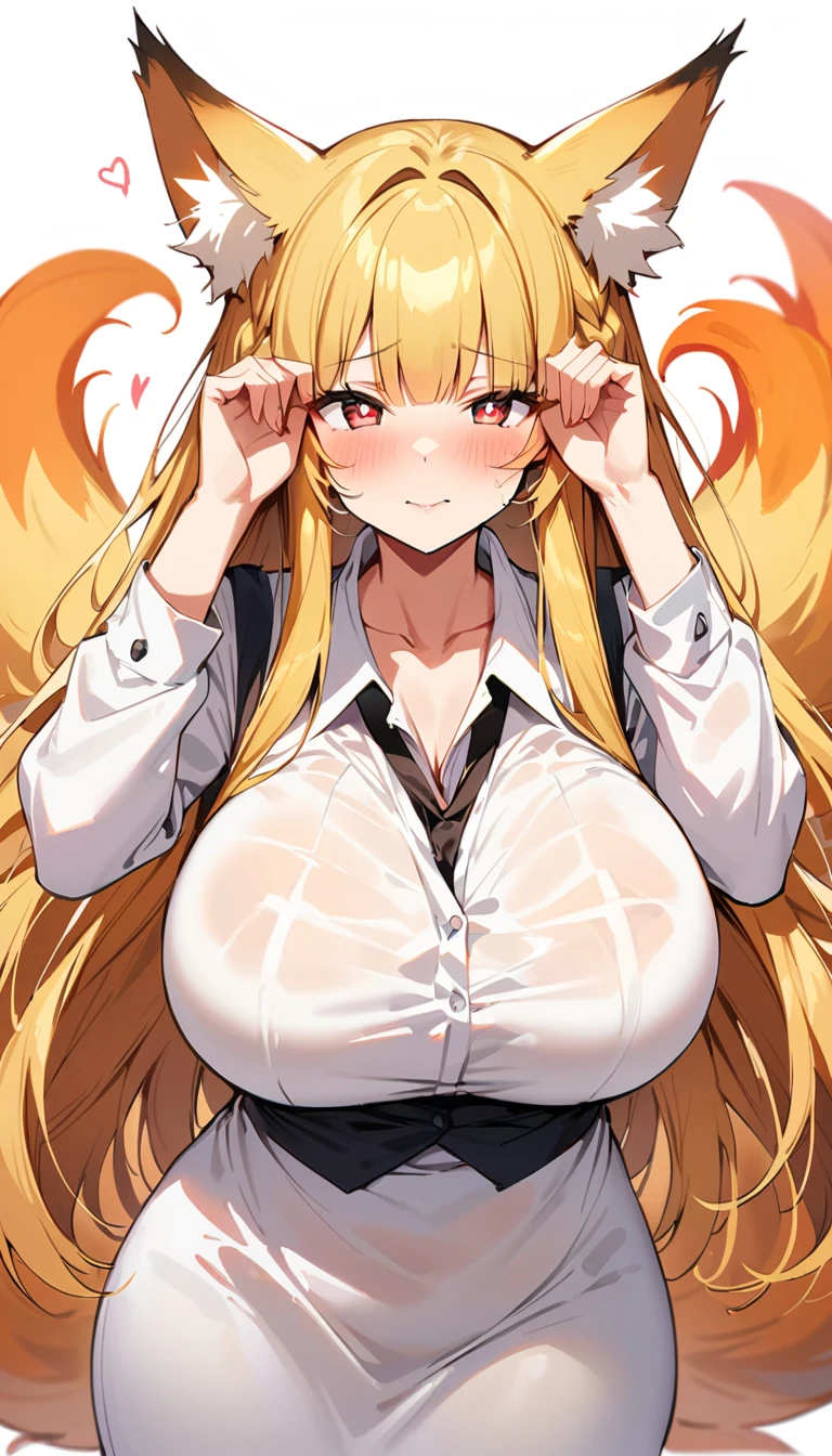 blonde hair, french braid, hair behind ear, hime cut, very long hair, heart-shaped pupils, animal ears, fox ears,"long orange fox ears with black tips", covering ears, kemonomimi mode, ahego,tail emanating(9 tails fox),huge tits, large hips,fully clothed,skin covered with cotton clothes, no nswf, high detail, depth of field, masterpiece, anatomically correct, high quality, award winning