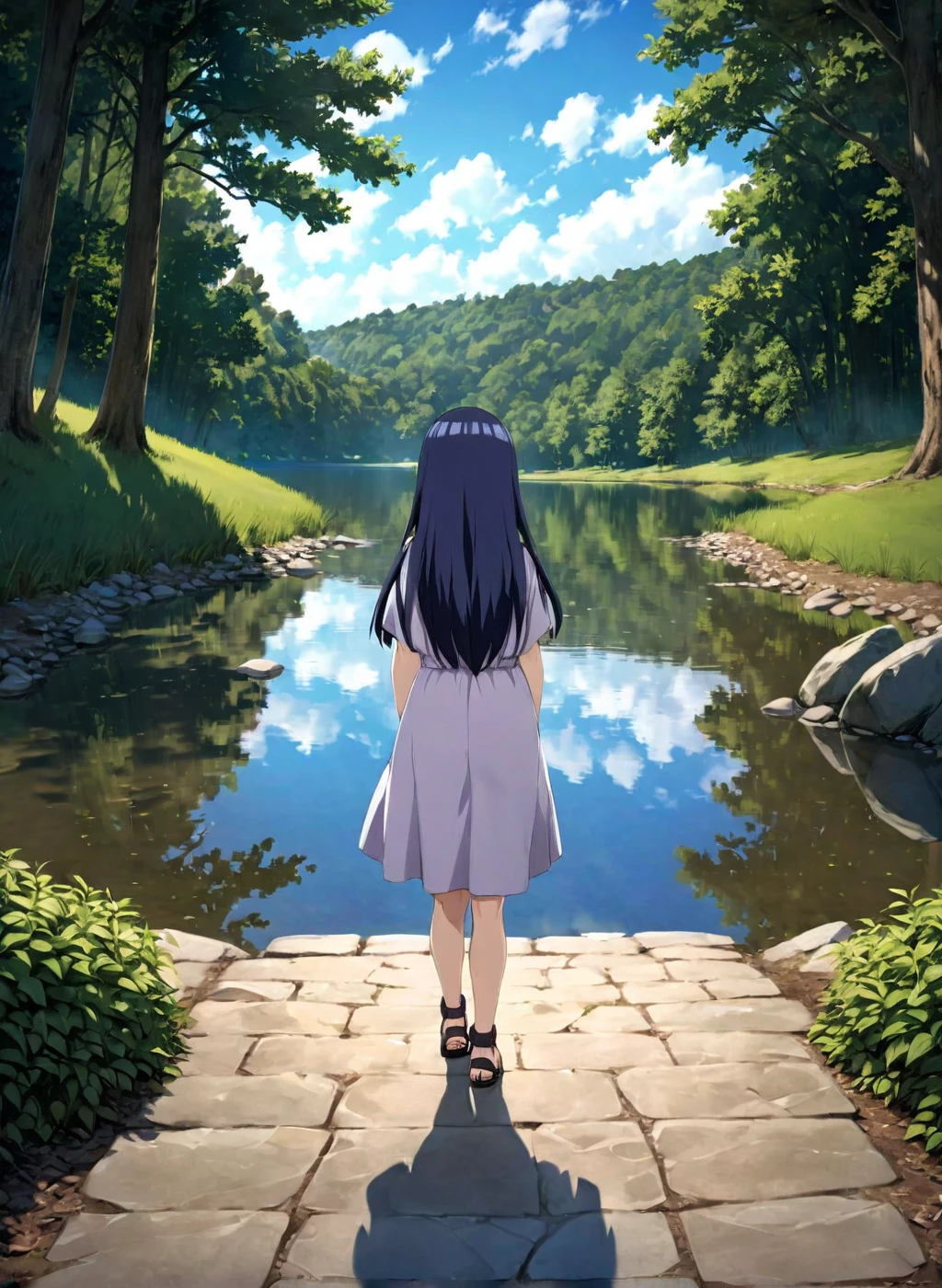  child-Hinata, (arms behind back), long hair, walk next to lake, [enchanting, surreal, studio lighting, HDR, UHD, K]