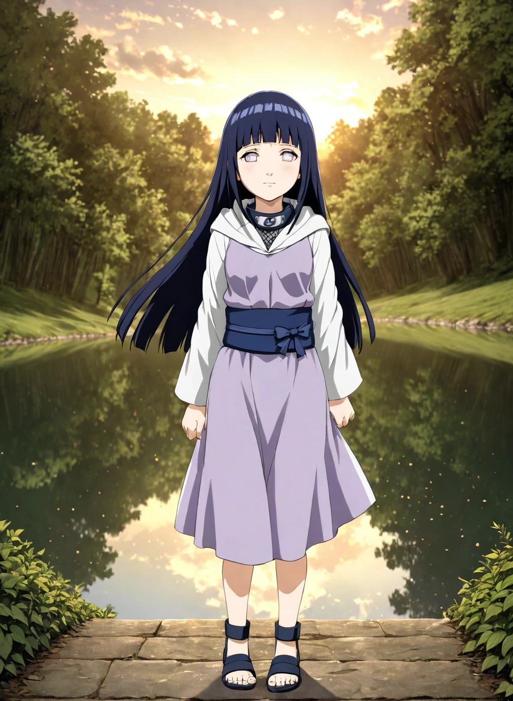  -Hinata, (arms behind back), long hair, walk next to lake, [enchanting, surreal, studio lighting, HDR, UHD, K]