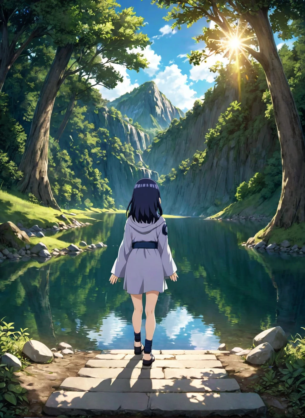  child-Hinata, (arms behind back), long hair, walk next to lake, [enchanting, surreal, studio lighting, HDR, UHD, K]