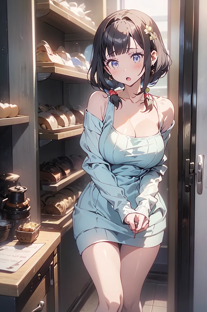 masterpiece, yor, 1girl, Amazing Cleavage:1.3, thin waist, big ass, Raised sexy, medium breast: 1.8 posed cleavage:1.2、solo, looking at viewer, open mouth, have a cup of coffee,black hair, red eyes, dress, bare shoulders, jewelry, collarbone, sidelocks, hairband, earrings, indoors, off shoulder, :o, sweater, arms behind back, plant, short hair with long locks, white hairband, off-shoulder dress, sweater dress, off-shoulder sweater, red sweater, big side hair, very long side hair,is rendered in (masterpiece: 1.2, best quality), with (ultra high resolution) and an exquisite (depth of field). This masterpiece is not only visually stunning but also tells, make of cake cooking ,in the kitchen