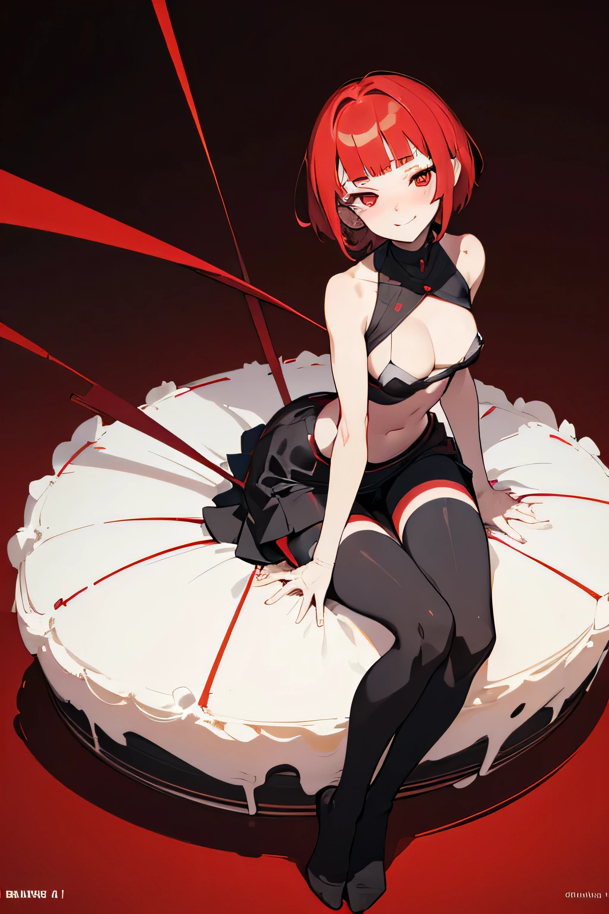 anime, (Masterpiece, Best quality, ultra-high resolution), 1 girls, sitting front cake, birthday, ((red hair: 0.7) short hair red, pale skin, ((red eyes)), Bright_eyes, neon eyes, (ultra-detailed eyes, beautiful and detailed face, detailed eyes: 0.9), ((centered)), creepy face, (evil smile, twisted sadistic expression) ((full shot)), facing the viewer, eye level, (black background, red), B-cup chest, looking at the viewer, ((half-closed eyes)), (((head, arms, hips, elbows, in view))), empty gaze, beautiful lighting, Background, defined theme, 21 years old, Perfect anatomy, Perfect body, longeyelashes, solid circle eyes, light smile, ear blush, embarrassed, red eyes, blunt bangs, shorts black, seminaked, wearing long black stockings, Surrealism, drop shadow, anaglyph, red background, stereogram, full body, atmospheric perspective, anime, Sony FE GM, 8k, super detail, accurate, best quality, anatomically correct, super detail