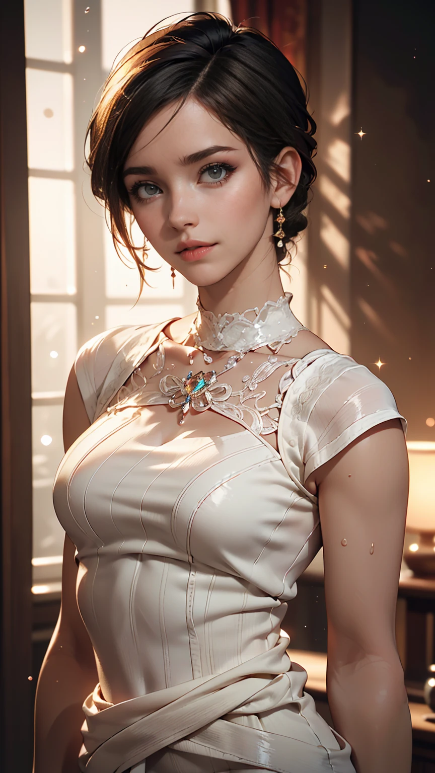 8k, RAW Photos, Realistic: 1.25), (Lip gloss, eyelash, Glossy face, Glowing Skin, highest quality, Ultra-high resolution, Depth of written boundary, chromatic aberration, Caustics, Moisturized lips, Super Trimmed Face, Sparkling, detailed eyes, Black Hair, semi-long, fashionable, Tight knit dress, thin