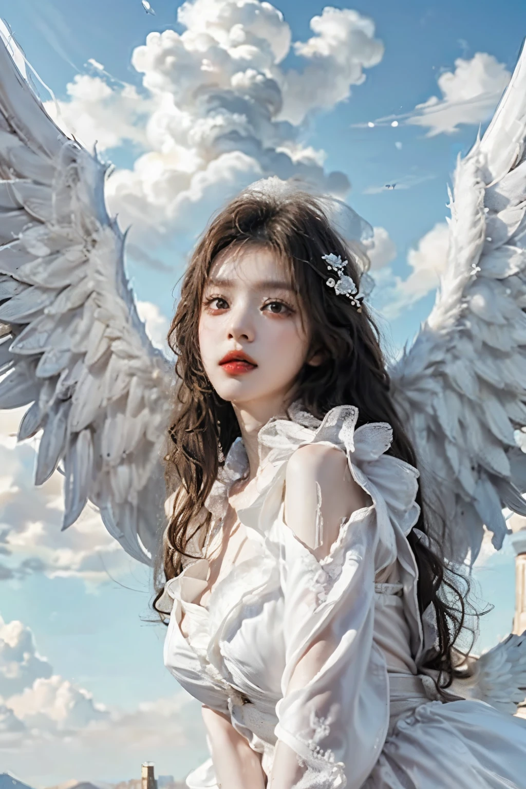 angel girl flying in the sky, korean beauty, Detailed wing expression, Plump clouds, white clouds in the sky,