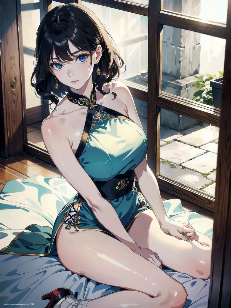 absurdres, RAW photo, extremely delicate and beautiful, masterpiece, Best Quality, ultra high resolution, 32k, hyperrealistic, ultra-detailed, detailed description, pale skin, 20 years old, detailed beautiful face and eyes, tearful mole, earring, very huge round breasts, short medium hair, wavy hair, full body shot, cheongsam, halterneck,