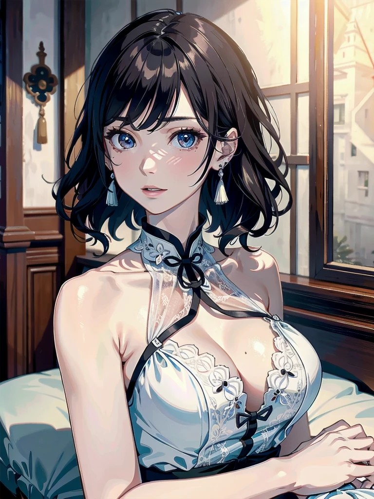 absurdres, RAW photo, extremely delicate and beautiful, masterpiece, Best Quality, ultra high resolution, 32k, hyperrealistic, ultra-detailed, detailed description, pale skin, 20 years old, detailed beautiful face and eyes, tearful mole, earring, very huge round breasts, short medium hair, wavy hair, full body shot, cheongsam, halterneck,