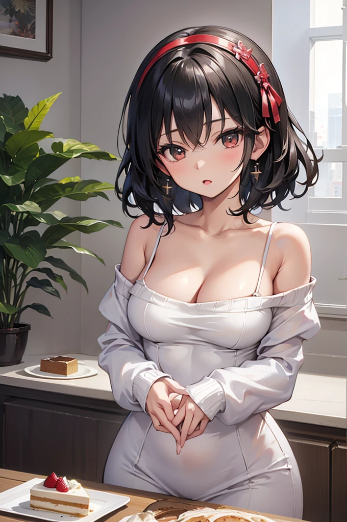 masterpiece, yor, 1girl, Amazing Cleavage:1.3, thin waist, big ass, Raised sexy, medium breast: 1.8 posed cleavage:1.2、solo, looking at viewer, open mouth, have a cup of coffee,black hair, red eyes, dress, bare shoulders, jewelry, collarbone, sidelocks, hairband, earrings, indoors, off shoulder, :o, sweater, arms behind back, plant, short hair with long locks, white hairband, off-shoulder dress, sweater dress, off-shoulder sweater, red sweater, big side hair, very long side hair,is rendered in (masterpiece: 1.2, best quality), with (ultra high resolution) and an exquisite (depth of field). This masterpiece is not only visually stunning but also tells, make of cake cooking ,in the kitchen