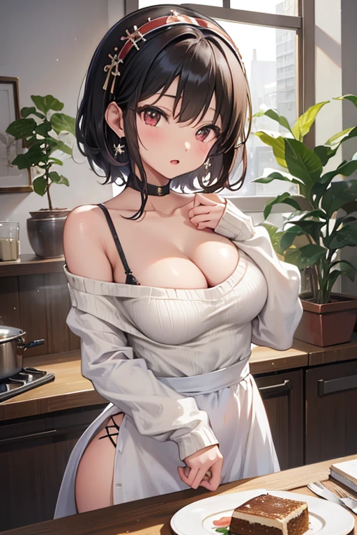 masterpiece, yor, 1girl, Amazing Cleavage:1.3, thin waist, big ass, Raised sexy, medium breast: 1.8 posed cleavage:1.2、solo, looking at viewer, open mouth, have a cup of coffee,black hair, red eyes, dress, bare shoulders, jewelry, collarbone, sidelocks, hairband, earrings, indoors, off shoulder, :o, sweater, arms behind back, plant, short hair with long locks, white hairband, off-shoulder dress, sweater dress, off-shoulder sweater, red sweater, big side hair, very long side hair,is rendered in (masterpiece: 1.2, best quality), with (ultra high resolution) and an exquisite (depth of field). This masterpiece is not only visually stunning but also tells, make of cake cooking ,in the kitchen