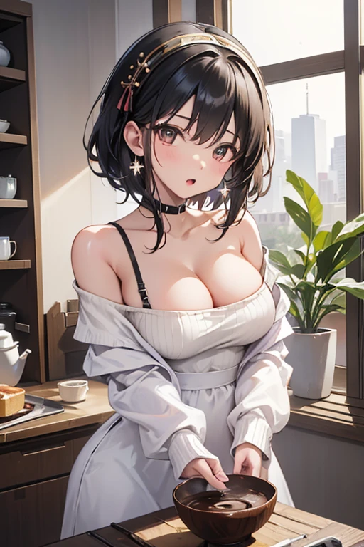 masterpiece, yor, 1girl, Amazing Cleavage:1.3, thin waist, big ass, Raised sexy, medium breast: 1.8 posed cleavage:1.2、solo, looking at viewer, open mouth, have a cup of coffee,black hair, red eyes, dress, bare shoulders, jewelry, collarbone, sidelocks, hairband, earrings, indoors, off shoulder, :o, sweater, arms behind back, plant, short hair with long locks, white hairband, off-shoulder dress, sweater dress, off-shoulder sweater, red sweater, big side hair, very long side hair,is rendered in (masterpiece: 1.2, best quality), with (ultra high resolution) and an exquisite (depth of field). This masterpiece is not only visually stunning but also tells, make of cake cooking ,in the kitchen