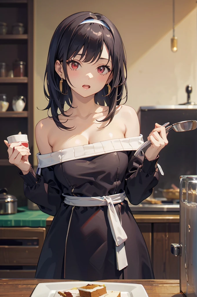 masterpiece, yor, 1girl, Amazing Cleavage:1.3, thin waist, big ass, Raised sexy, medium breast: 1.8 posed cleavage:1.2、solo, looking at viewer, open mouth, have a cup of coffee,black hair, red eyes, dress, bare shoulders, jewelry, collarbone, sidelocks, hairband, earrings, indoors, off shoulder, :o, sweater, arms behind back, plant, short hair with long locks, white hairband, off-shoulder dress, sweater dress, off-shoulder sweater, red sweater, big side hair, very long side hair,is rendered in (masterpiece: 1.2, best quality), with (ultra high resolution) and an exquisite (depth of field). This masterpiece is not only visually stunning but also tells, make of cake cooking ,in the kitchen