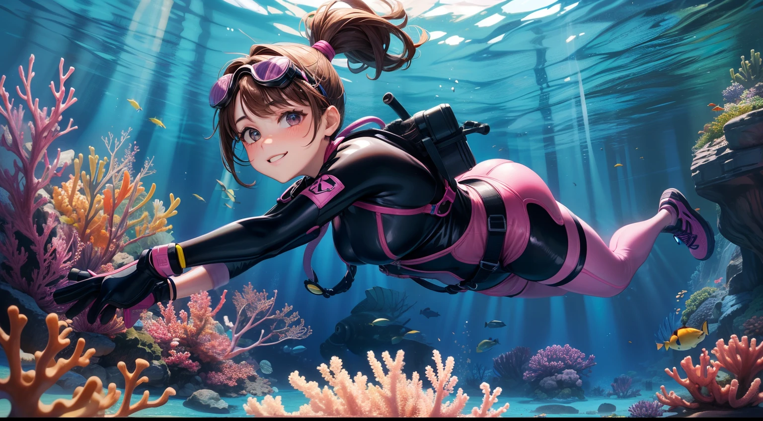 "High quality, masterpiece, 16-year-old , happy, brown hair, high ponytail, purple rubber diving suit, diving goggles, pink diving gloves, pink diving shoes, swimming towards the camera, underwater, scuba tank, coral reef, fish."