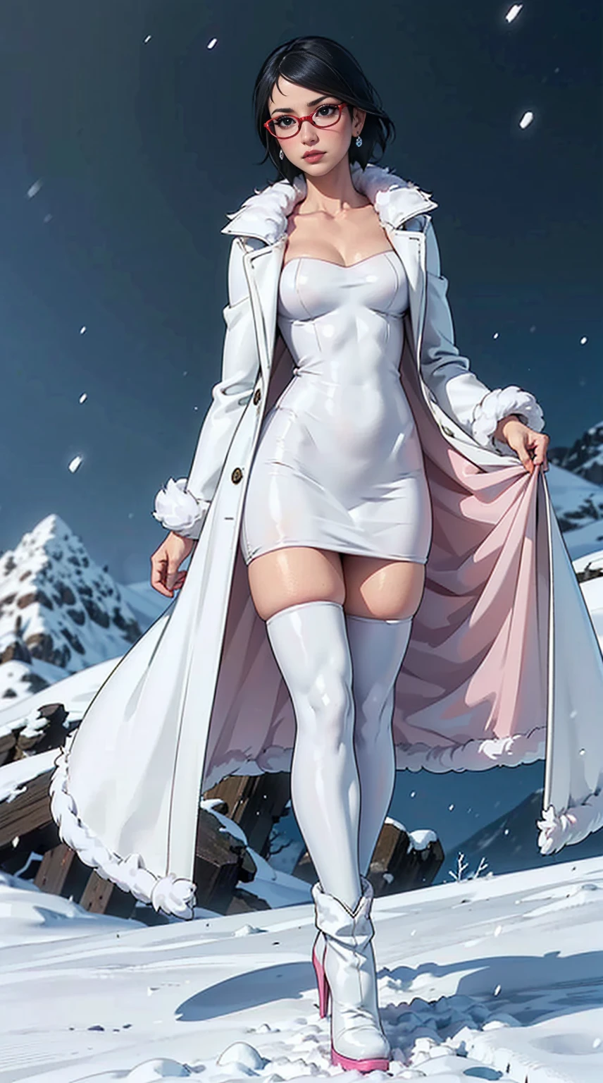 (1girl, Alone, alone), (WakatsukiRisa, Sarada uchiha, black hair, short hair, Black eyes, red glasses), ((Alone, (1woman,pink lipstick, Black eyes), extremely detailed , Soft ambient lighting, 4K, perfect eyes, a perfect face, Perfect Lighting, the 1 girl)), ((fitness, , shapely body, athletic body, toned body)) , ((white dress, blue dress. fur coat, white overcoat, white boots, high heels, blizzard, tundra, snowy mountain, earrings, walking in the snow))