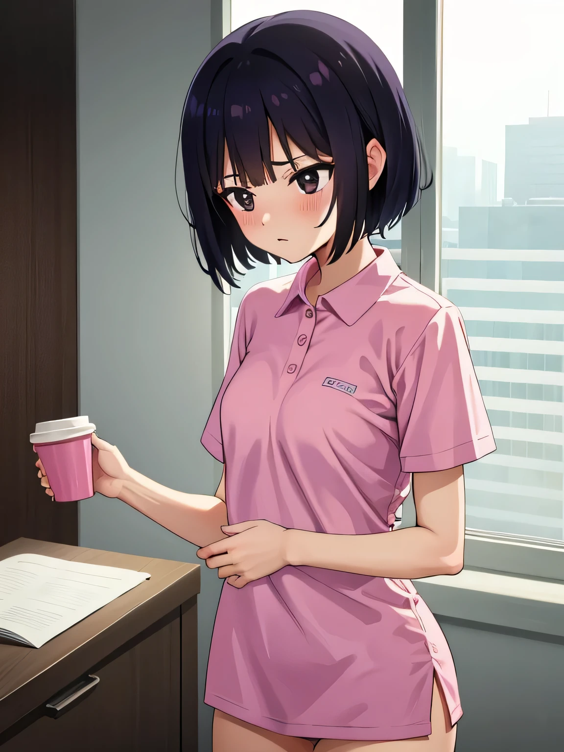 1. Beautiful girl in a magenta polo shirt, short hair, Small breasts, Embarrassing, Beautiful fingers, Shyness, worries, Black Hair, No underwear, Bending over, naked, nude, black eyes, hospital, beautiful, cute, high quality, short sleeves No bra Paper cup