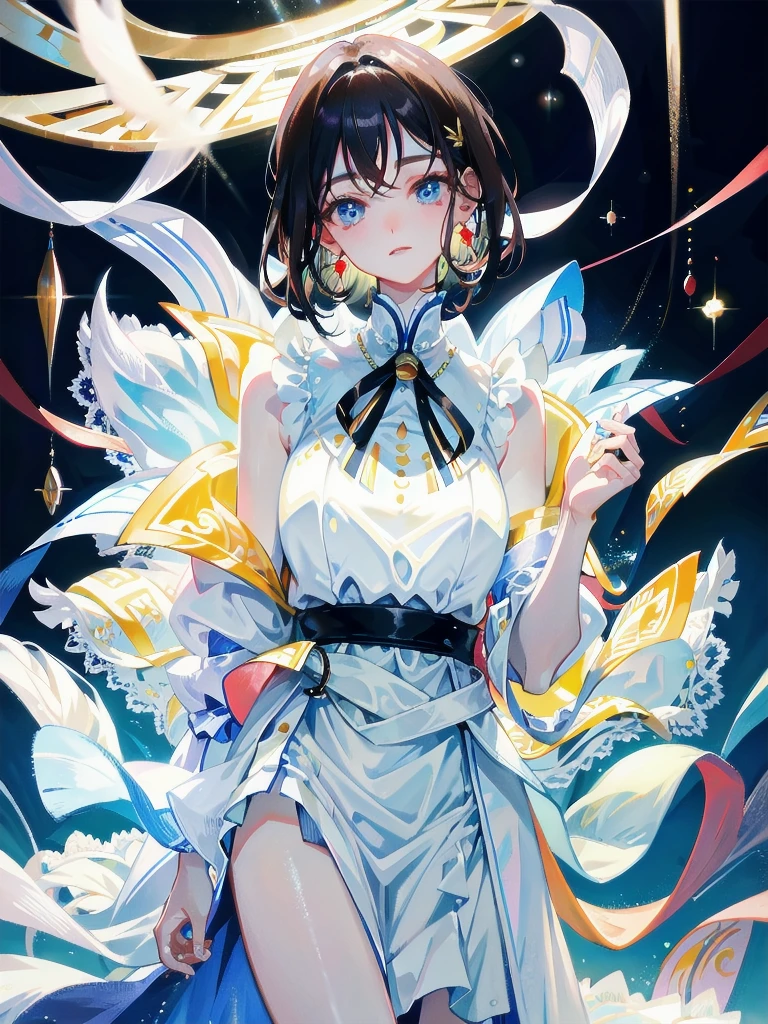 absurdres, RAW photo, extremely delicate and beautiful, masterpiece, Best Quality, ultra high resolution, 32k, hyperrealistic, ultra-detailed, detailed description, pale skin, 20 years old, detailed beautiful face and eyes, tearful mole, earring, very huge round breasts, short medium hair, wavy hair, full body shot, cheongsam, halterneck,