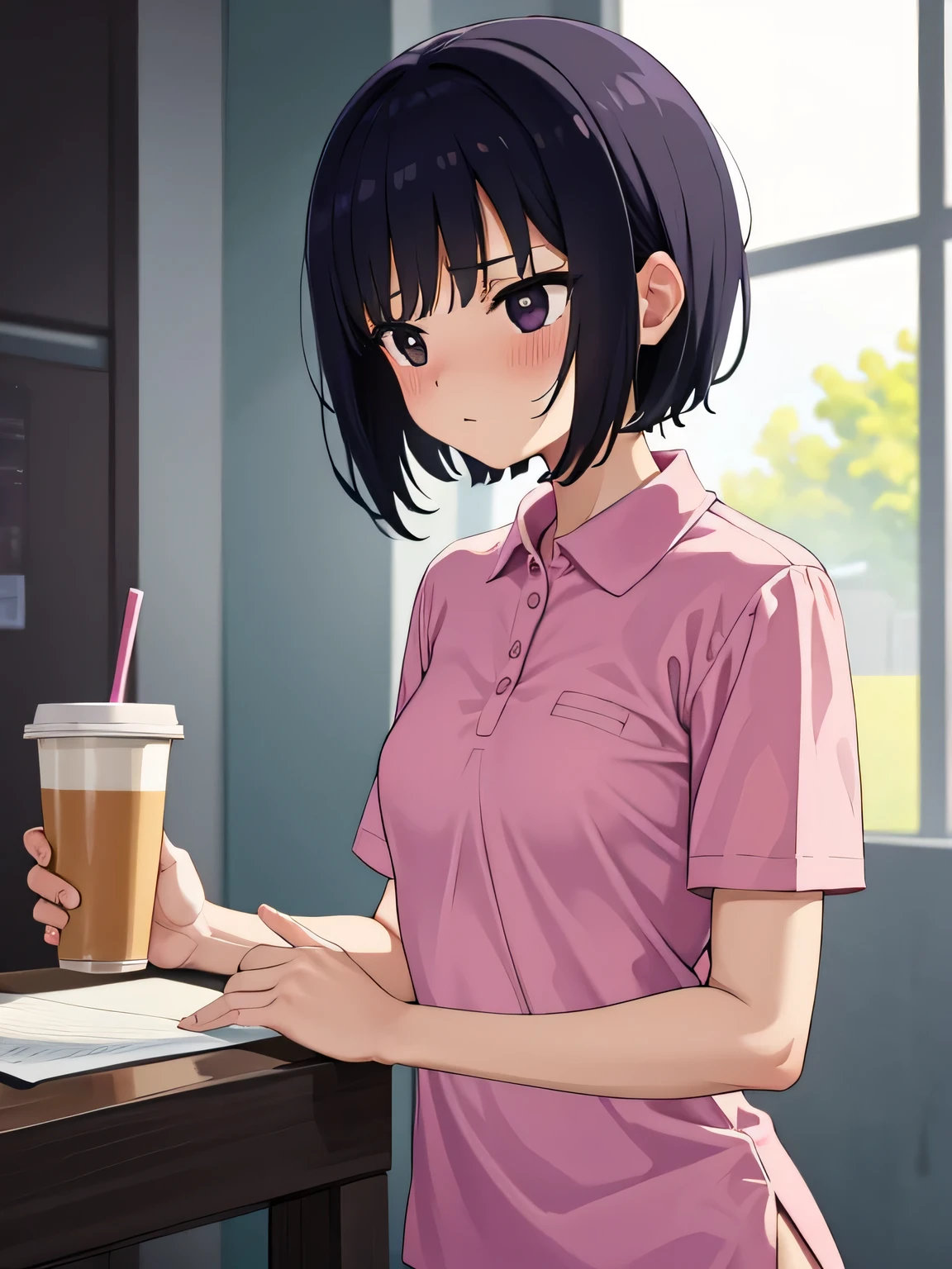 1. Beautiful girl in a magenta polo shirt, short hair, Small breasts, Embarrassing, Beautiful fingers, Shyness, worries, Black Hair, No underwear, Bending over, naked, nude, black eyes, hospital, beautiful, cute, high quality, short sleeves No bra Paper cup