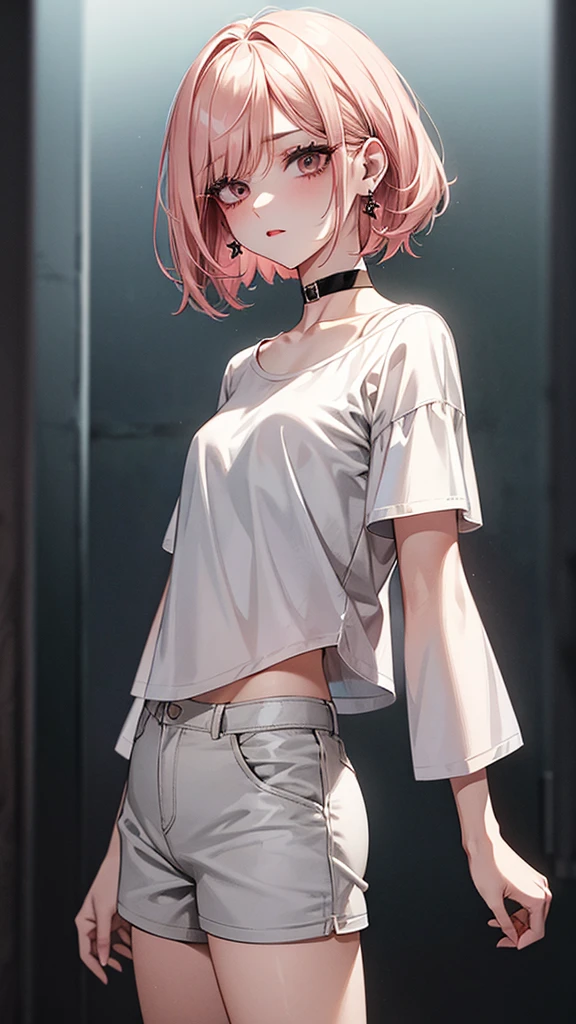high resolution、high quality、full body figure、black eyes、short hair、High Layered Bob、girl、asymmetrical bangs、Light cream pink hair、white oversized t-shirt、shorts、slender body、low length、dark makeup、Highlighted red eyeshadow、Bright, dark eyeliner、Enhanced long eyelashes、droopy eyes、black eyes、Weakened eyes、slender、small breasts、delicate body、earrings、red lip、choker、