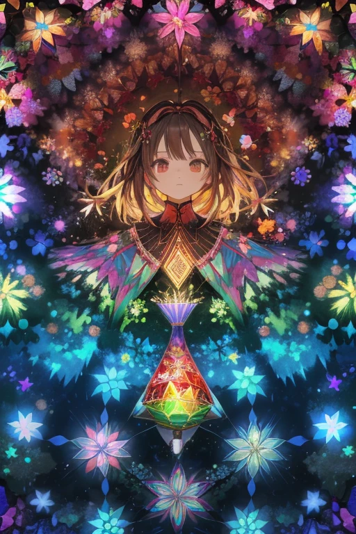 1girl, forest, cute, beauty, fantasy scene, kawaii style, (kaleidoscope effect:1.6), high angle shot, 