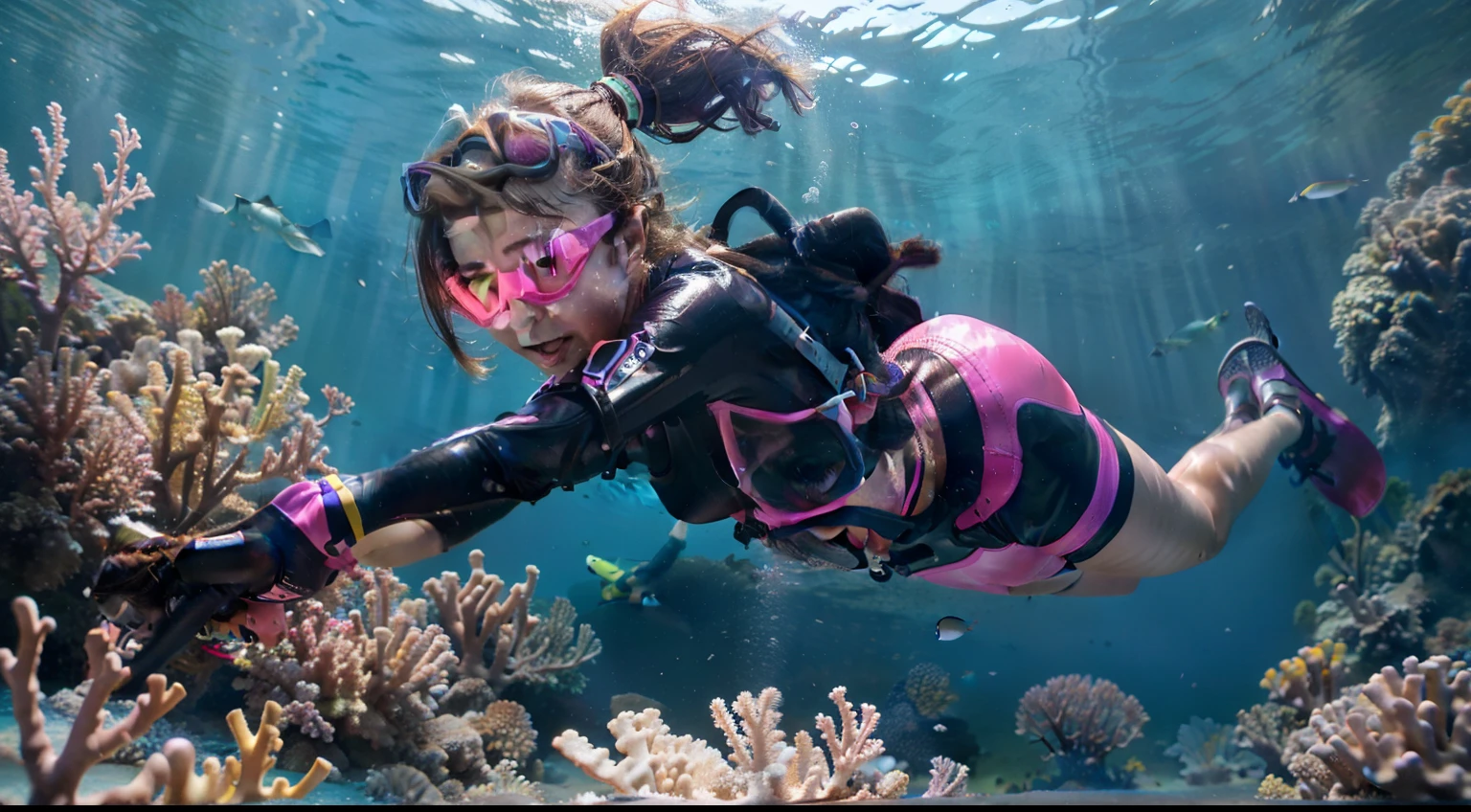 "High quality, masterpiece, 16-year-old , happy, brown hair, high ponytail, purple shiny rubber wetsuit, diving goggles, pink diving gloves, pink diving shoes, swimming towards the camera, underwater, air tank, coral reef, fish."