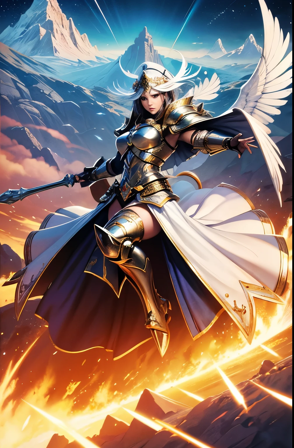warrior angles army, white armors , warrior angels, arcanjos, ,ultra high resolution, Aerial view , , blessed, aura, Flying in the sky , Asas
