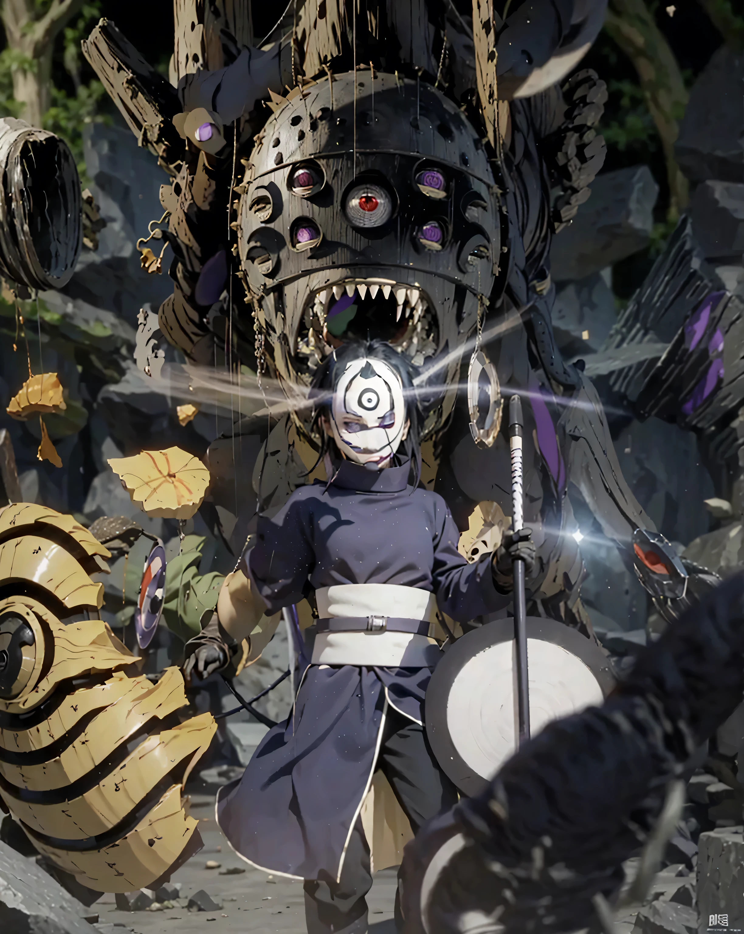 ( UCHIHA OBITO X JUUBI_NARUTO SHIPPUDEN),((realistic, photorealistic)),, Light reflection, (( HD )),((upper body)), (((best quality, masterpiece))), (masterpiece) (best quality) (detail) (8k) (HDR) (wallpaper) (cinematic lighting) (sharp focuasterpiece, best quality: 1.1), Real life adaption of this character, White Obito uchiha mask with sharingan and rinnegan eyes, Shining Purple eyes, realistic outfit, realistic shadow, realistic light, realism, hyper realistic, realistic background,(photorealistic:1.2), 1gman,Floating headband, juubi monster background with many eyes, motion blur flying rock fragments, flying rocks, black gloves, juubi monster summoner, uchiha Madara weapon blur foreground,Nine eye monster, open mouth juubi monster,Motion light blur, angry aura, flying rocks,smokes,Monsters with sharp and neat teeth,Tree monster texture, uchiha Madara weapon,Uchiha Obito White Mask,Flying rocks motion blur,Weapons are made of metal,Holding Uchiha Madara's weapon, a monster finger appeared on the ground,Fragments of Obito's uchiha mask foreground blur,