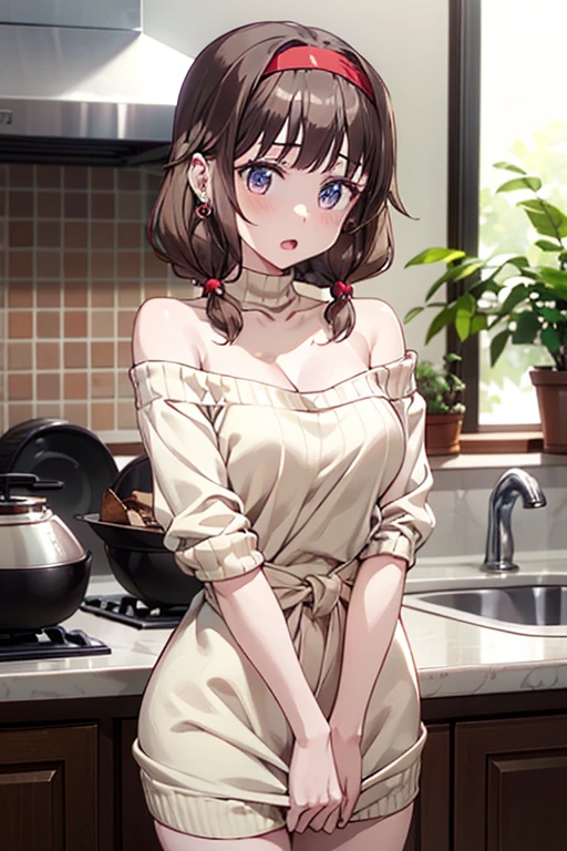 masterpiece, yor, 1girl, Amazing Cleavage:1.3, thin waist, big ass, Raised sexy, medium breast: 1.8 posed cleavage:1.2、solo, looking at viewer, open mouth, have a cup of coffee,black hair, red eyes, dress, bare shoulders, jewelry, collarbone, sidelocks, hairband, earrings, indoors, off shoulder, :o, sweater, arms behind back, plant, short hair with long locks, white hairband, off-shoulder dress, sweater dress, off-shoulder sweater, red sweater, big side hair, very long side hair,is rendered in (masterpiece: 1.2, best quality), with (ultra high resolution) and an exquisite (depth of field). This masterpiece is not only visually stunning but also tells, make of cake cooking ,in the kitchen