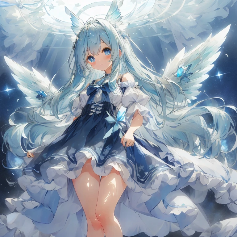 A beautiful moe anime-style girl with large, sparkling blue eyes and a fluffy appearance. She wears a dress with a detailed and delicate frilly design in blue and black tones, with many ribbons and star-shaped ornaments. She has wings of fantastic and detailed translucent white, and an aura of magical light accentuates the fantastic atmosphere. Her hair is in voluminous long waves with matching ribbons, creating a cute and whimsical look. The background is a dreamy cloudy sky with dusty lights, and the soft blue-green tones enhance her fantastic and gentle atmosphere. (( highest image quality, highest quality ))