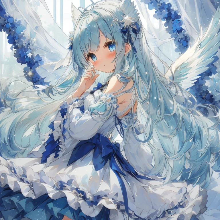 A beautiful moe anime-style girl with large, sparkling blue eyes and a fluffy appearance. She wears a dress with a detailed and delicate frilly design in blue and black tones, with many ribbons and star-shaped ornaments. She has wings of fantastic and detailed translucent white, and an aura of magical light accentuates the fantastic atmosphere. Her hair is in voluminous long waves with matching ribbons, creating a cute and whimsical look. The background is a dreamy cloudy sky with dusty lights, and the soft blue-green tones enhance her fantastic and gentle atmosphere. (( highest image quality, highest quality ))